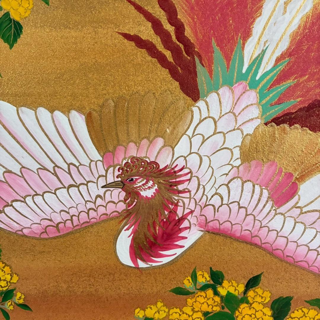 美品 あいはら友子「赤富士に鳳凰」肉筆画 日本画 10号 縁起物 開運 金襴