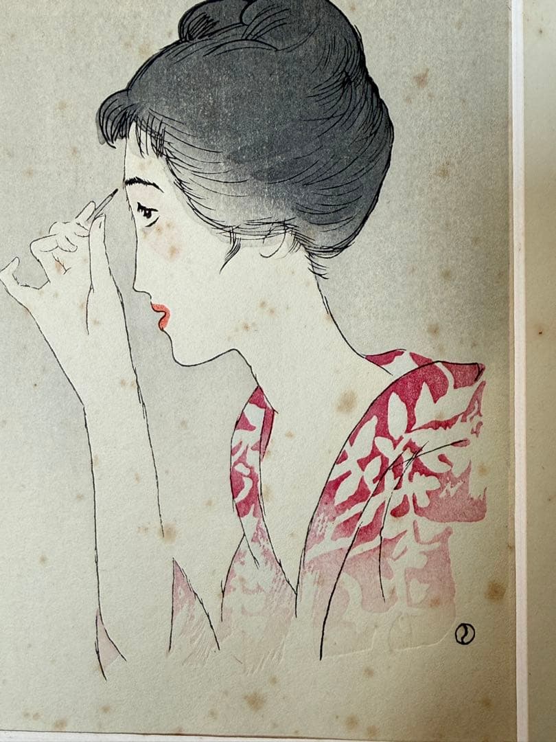 竹久夢二　木版画【眉をかく女】　送料込み0120