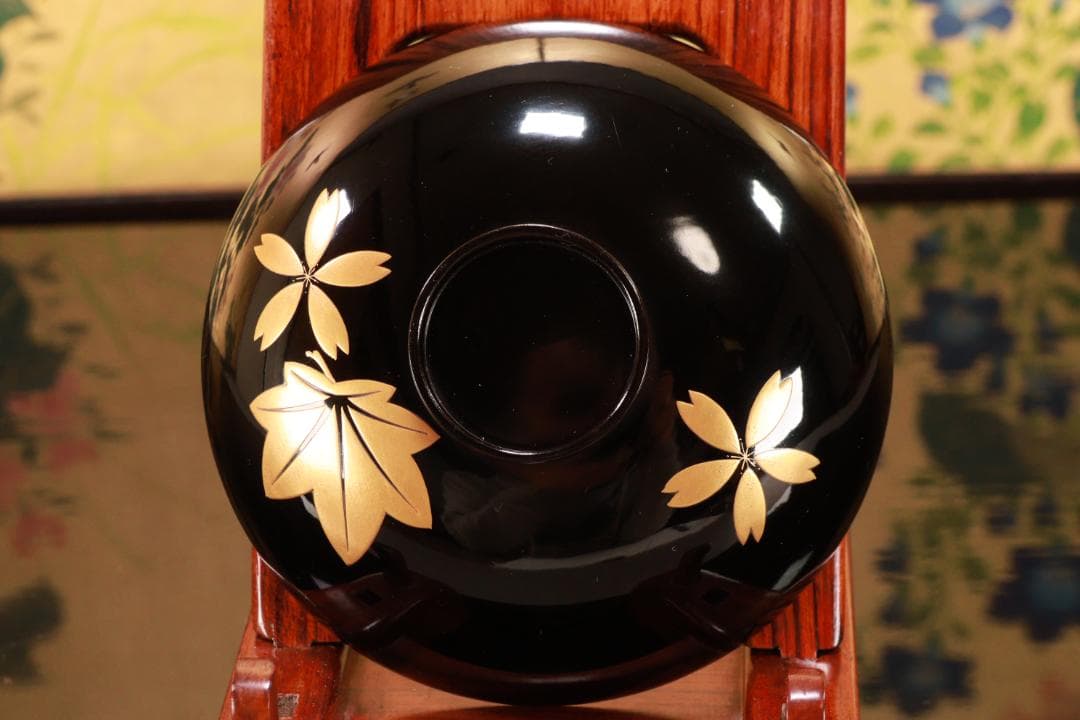 BJ111　時代輪島塗　流水紅葉桜図蒔絵　吸物椀　二客　木製　茶道具 懐石 会席