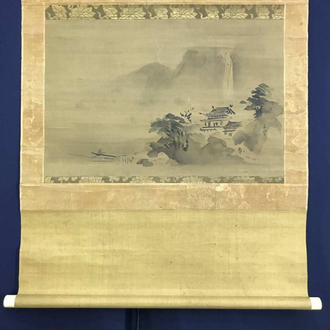 【真作】狩野岑信/江山漁舟図/山水図/横物/掛軸/名家伝来/AD-329