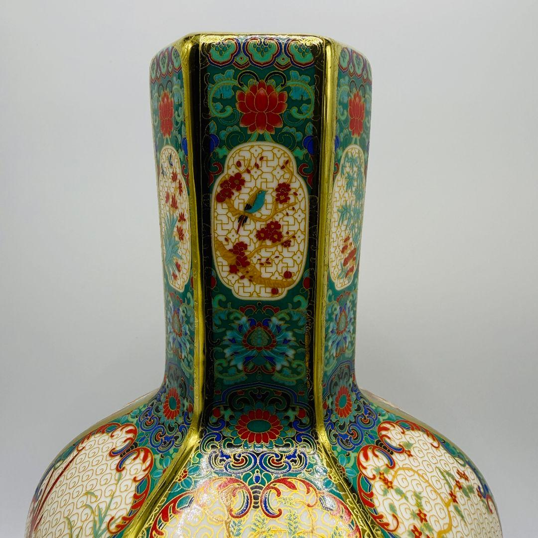 R106 彩色蒔金緑釉花鳥五稜梅瓶 花瓶（かびん）陶磁器 アンティーク