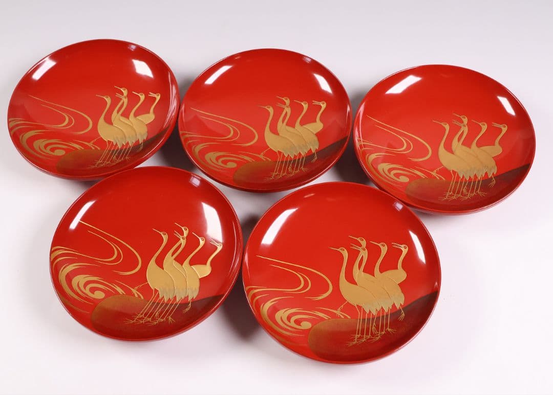 【CM372】時代木製漆器 光琳写 金蒔絵 群鶴図 朱塗 引盃 五客 小皿 杯