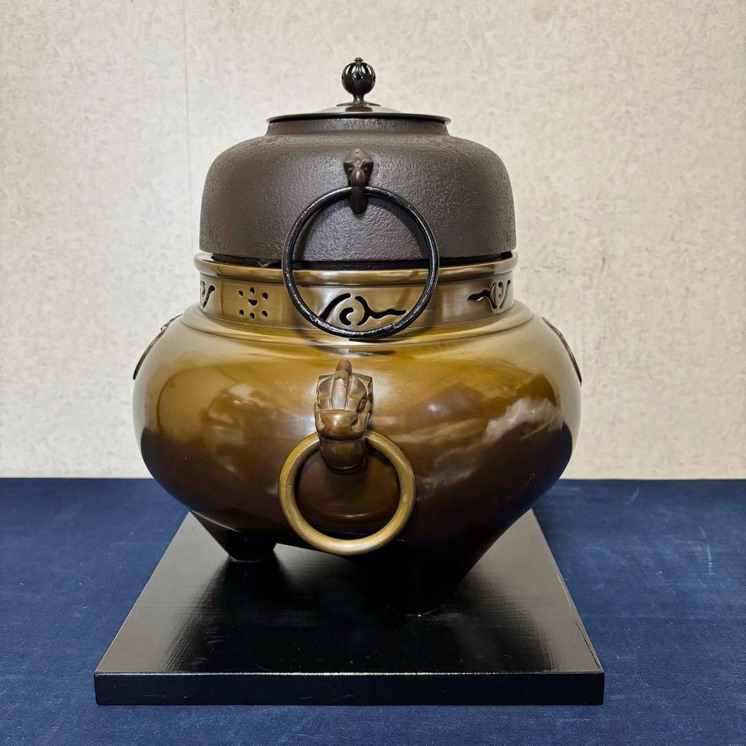 風呂 茶釜 電熱器 唐銅鬼面風炉釜 野々田製電熱器 敷板 茶道具 お点前道具