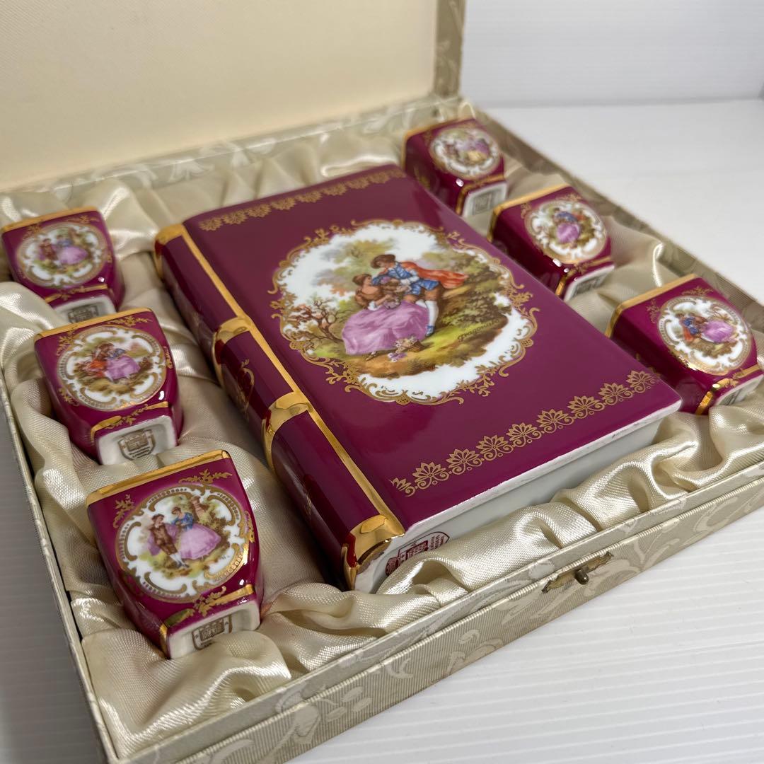 ①レア！空瓶 リモージュ 陶器ボトル ブックボトル ショットグラス 6客セット