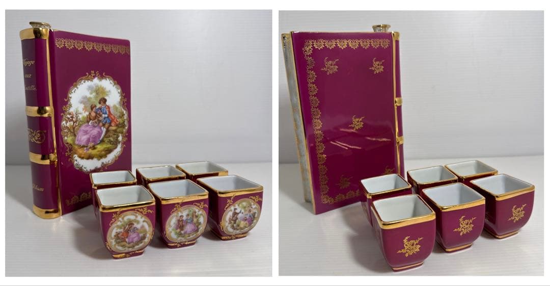 ①レア！空瓶 リモージュ 陶器ボトル ブックボトル ショットグラス 6客セット