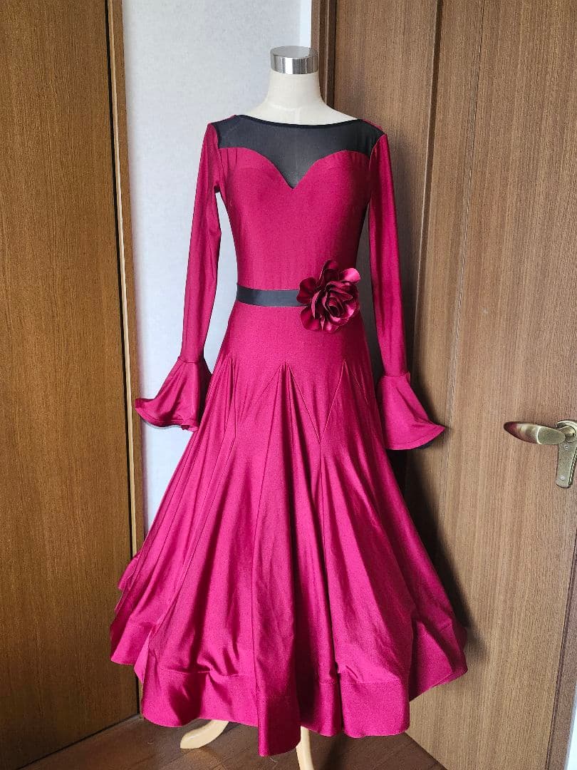 社交ダンス ロングドレス パーティー スタンダード ミニデモ 赤‪✕‬黒 XL