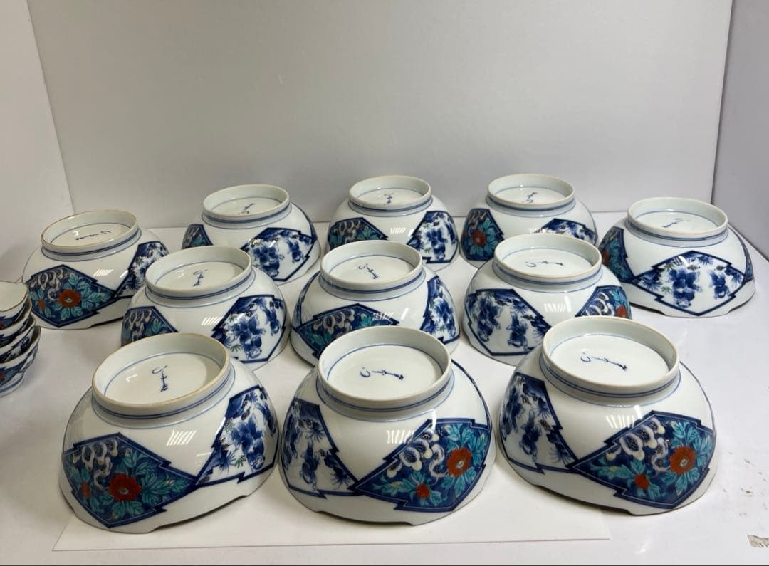 肥前有田焼　幸右衛門　染錦牡丹唐子文向付食器一式　共箱　東Y8-0128①