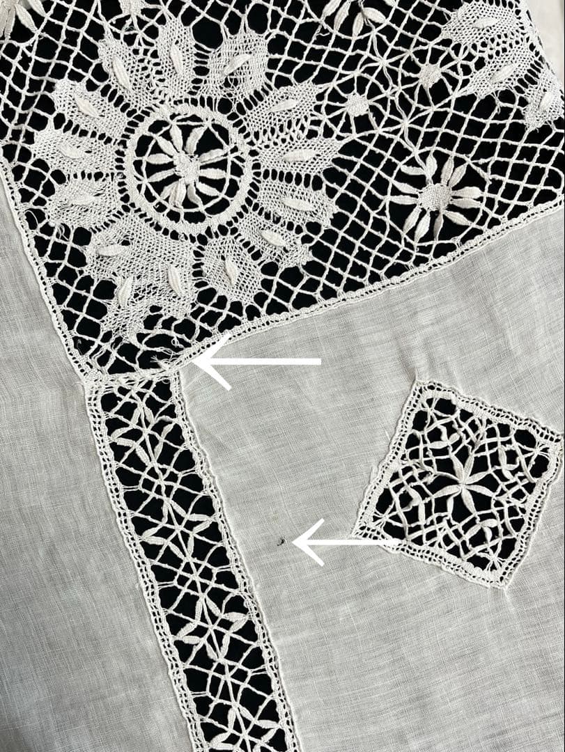 ◆フランスアンティークお宝級白天使の手刺繍超大判テーブルクロス大きいベッドカバー