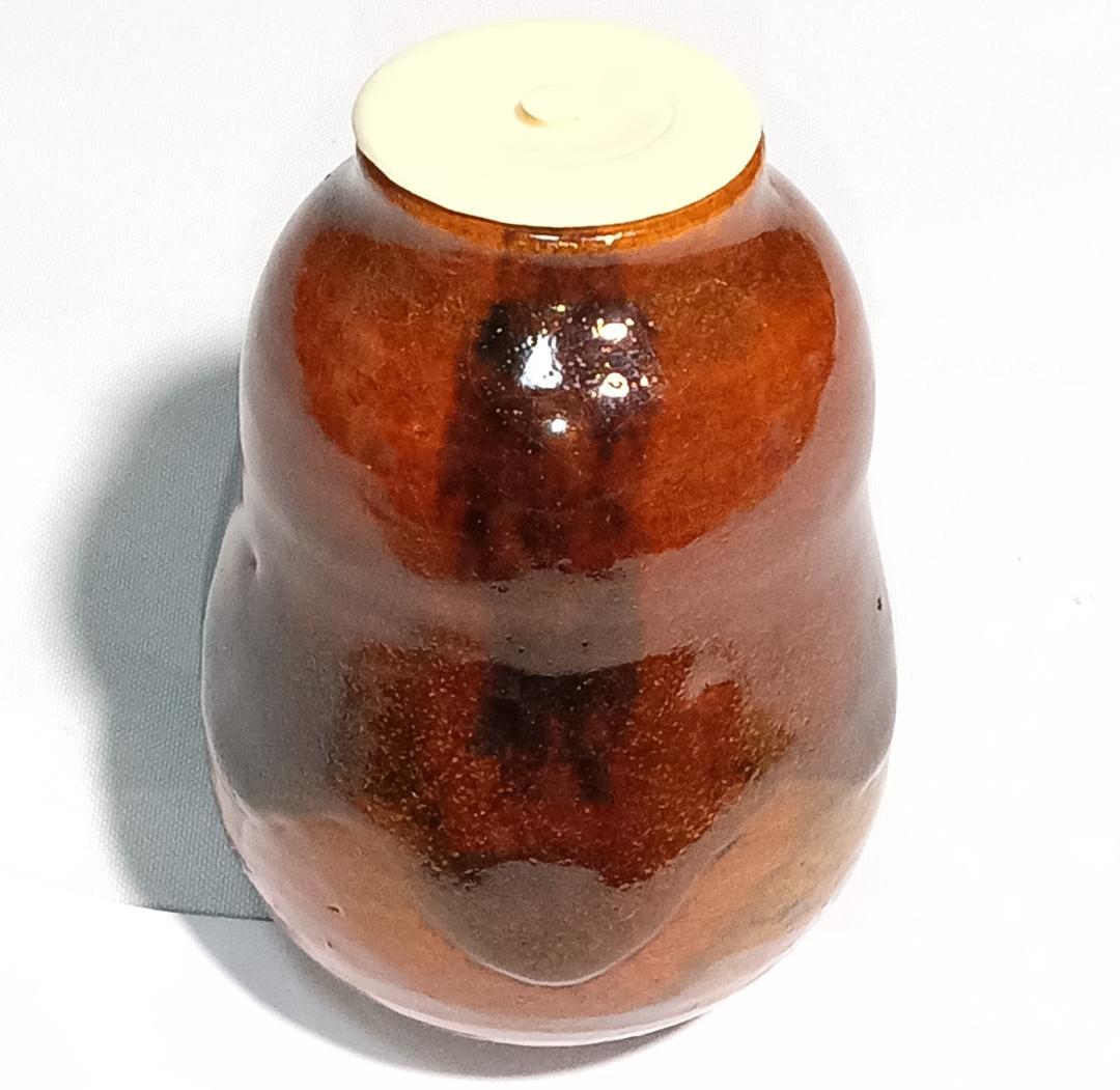 茶道具　大樋焼茶入　大樋定子作　大樋焼飴釉瓢型茶入　宗薫緞子仕覆　美品！！