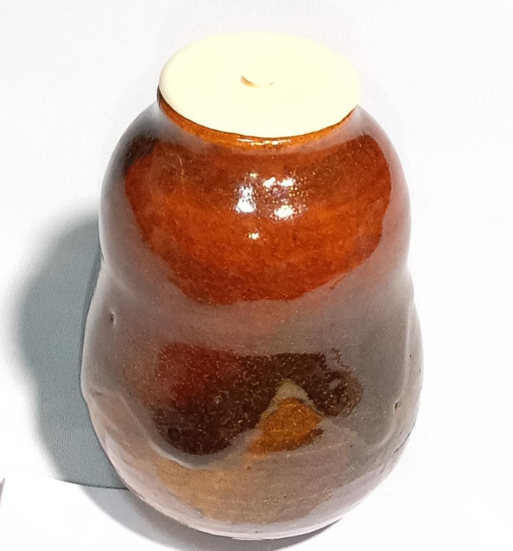 茶道具　大樋焼茶入　大樋定子作　大樋焼飴釉瓢型茶入　宗薫緞子仕覆　美品！！