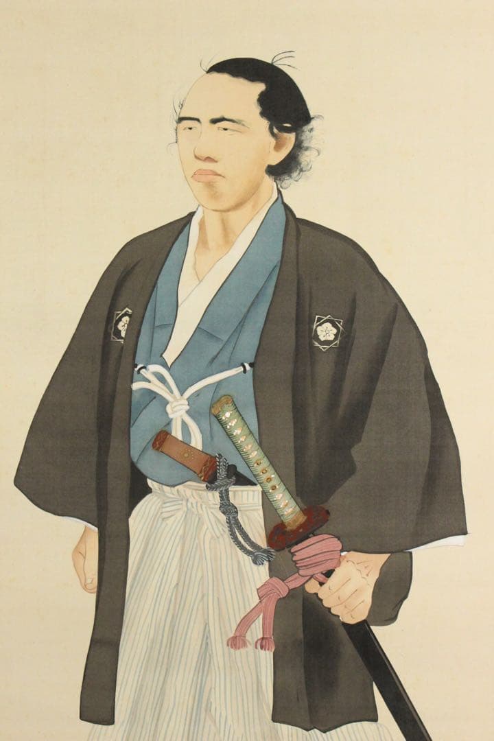 No5401 掛軸　公文菊仙　坂本龍馬像　画賛　絹本着色　合箱　肖像画　送料無料