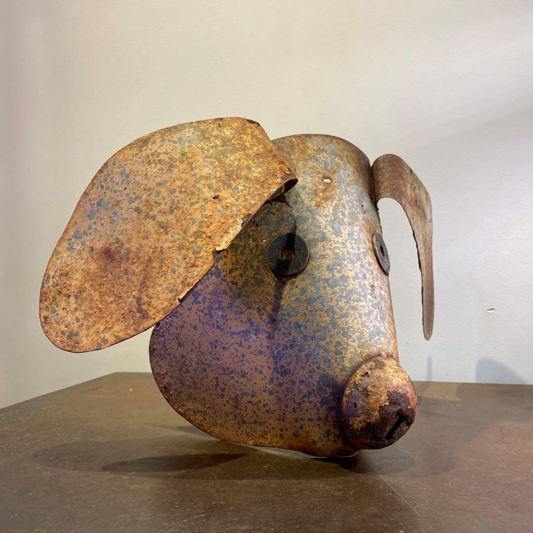 錆びた鉄製の犬のオブジェ マスク型 アンティーク