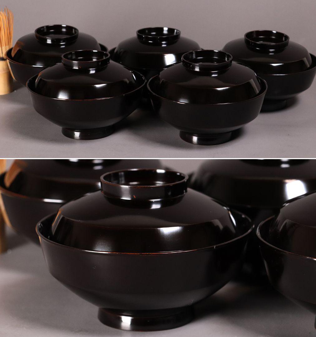 時代木製漆器 桜紅葉 黒蒔絵椀 五客 金蒔絵 梨地 漆芸【CL61】