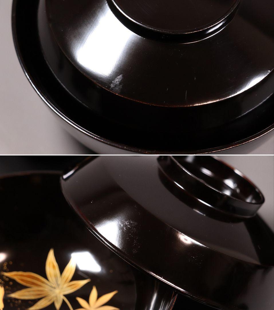 時代木製漆器 桜紅葉 黒蒔絵椀 五客 金蒔絵 梨地 漆芸【CL61】