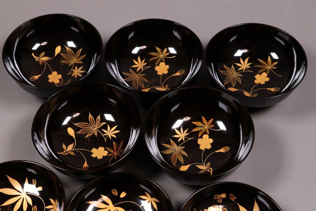 時代木製漆器 桜紅葉 黒蒔絵椀 五客 金蒔絵 梨地 漆芸【CL61】