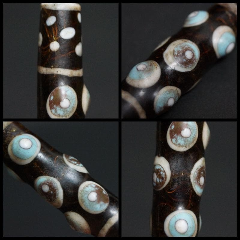 古代中国戦国玉 多眼貼付筒形大玉トンボ玉 ガラス蜻蛉玉 根付 緒締玉提げ物装飾品