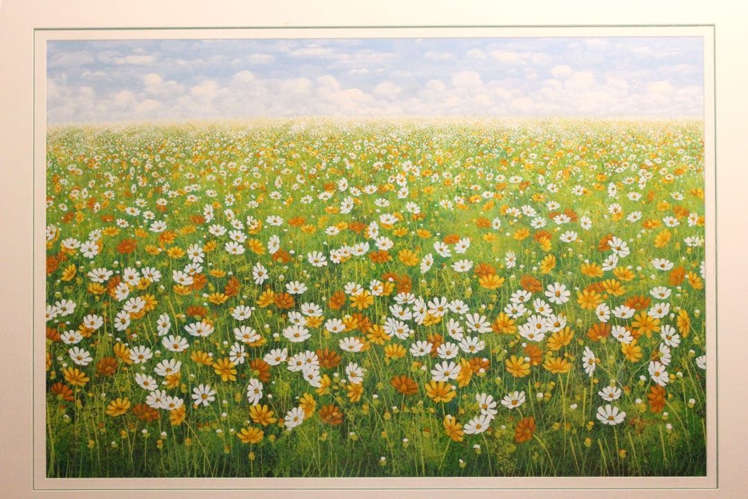 No5055 額装　金謙伊　コスモス　油彩　大作　直筆サイン　風景画　送料無料