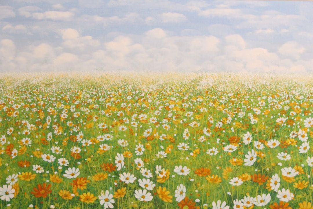 No5055 額装　金謙伊　コスモス　油彩　大作　直筆サイン　風景画　送料無料