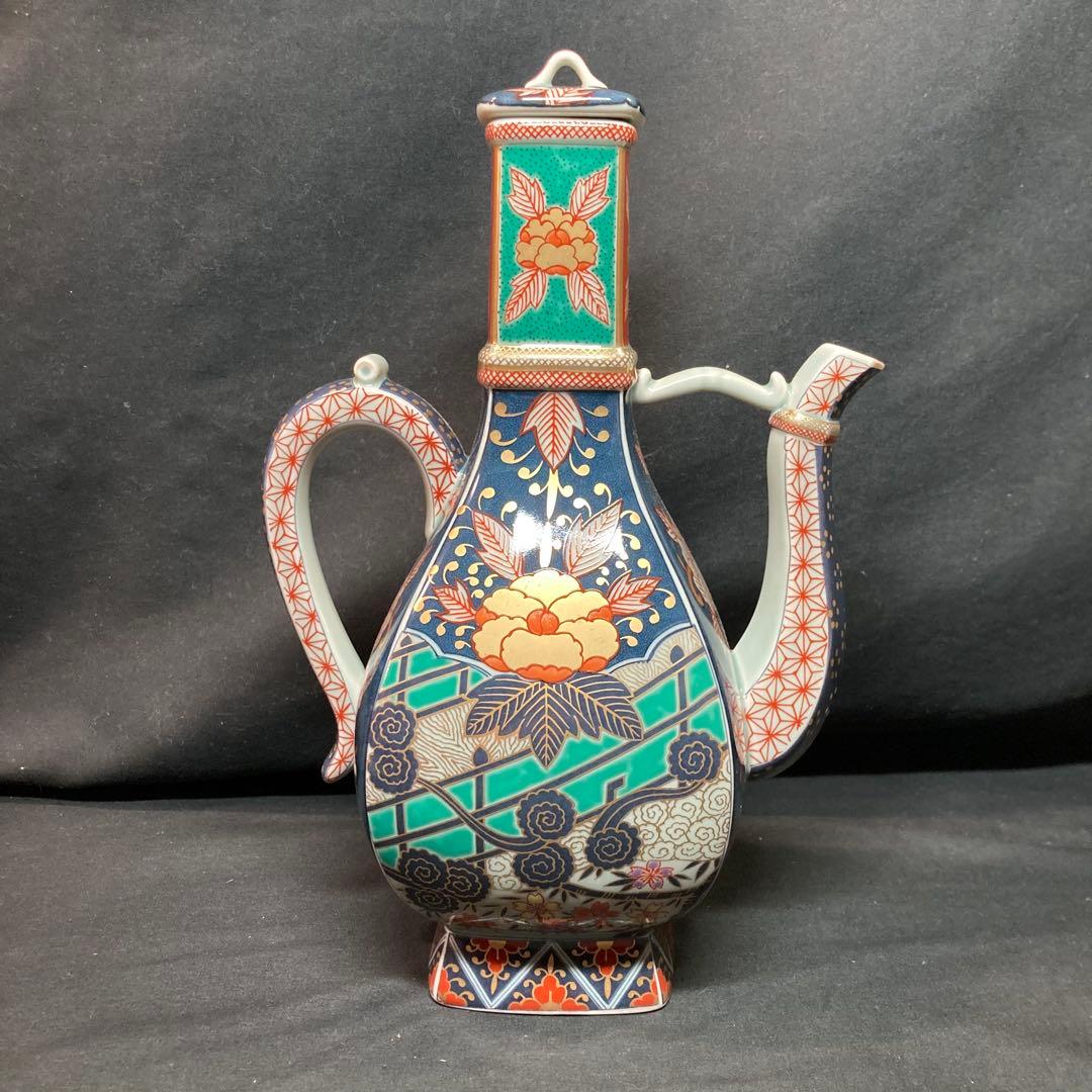 【新品未使用】有田焼 林九郎窯 染錦牡丹流水文手付面取水注