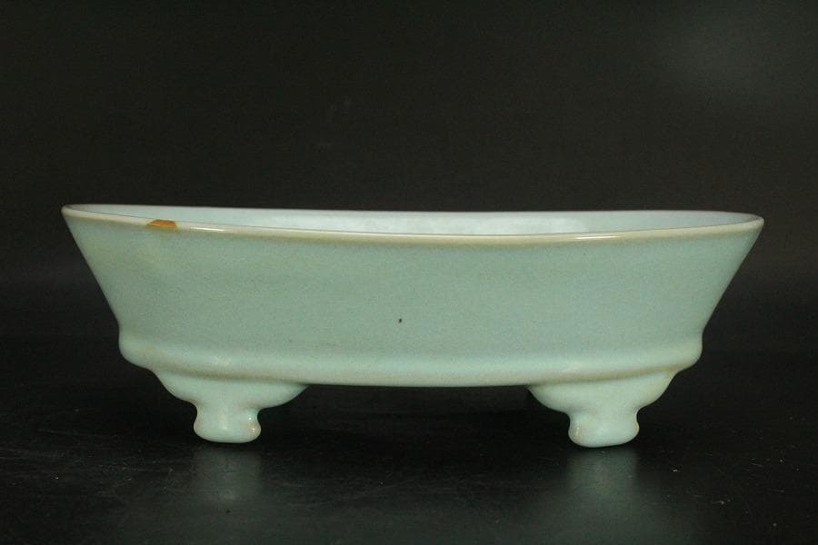 中国美術 青釉 楕円形 盤 水盤 洗 23.3cmx16.7cm(LC315)