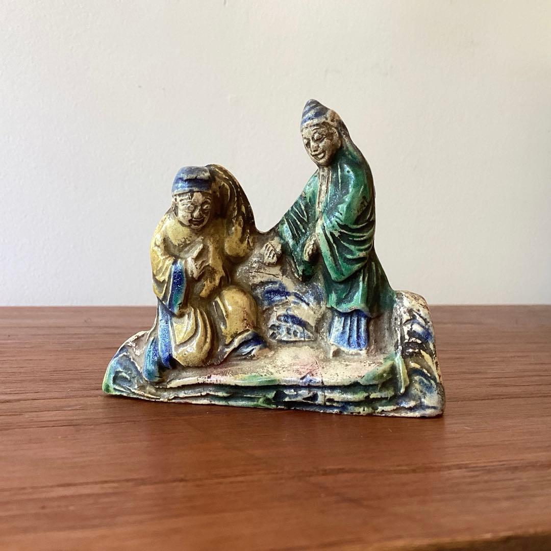 青交趾筆架　箱付　中国美術工芸品　三彩　陶磁器　中国古玩　筆置き　書道具　時代物