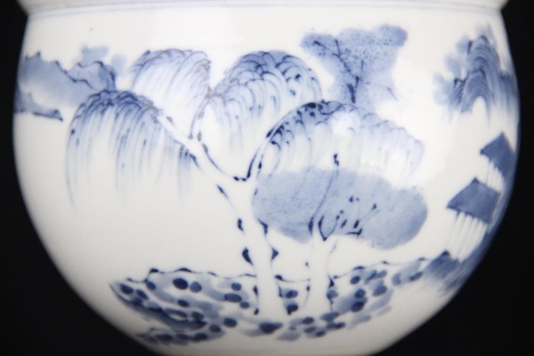 中国美術 南京染付　山水模様　建水　箱付 EA21-21