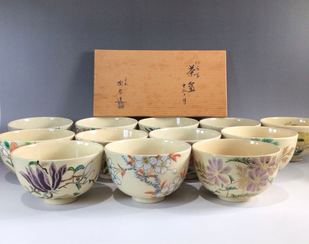 Ｐ７４１　茶碗　十二客　『平安陶楽造』『仁清写十二ヶ月』『数茶碗』　共箱　茶道具