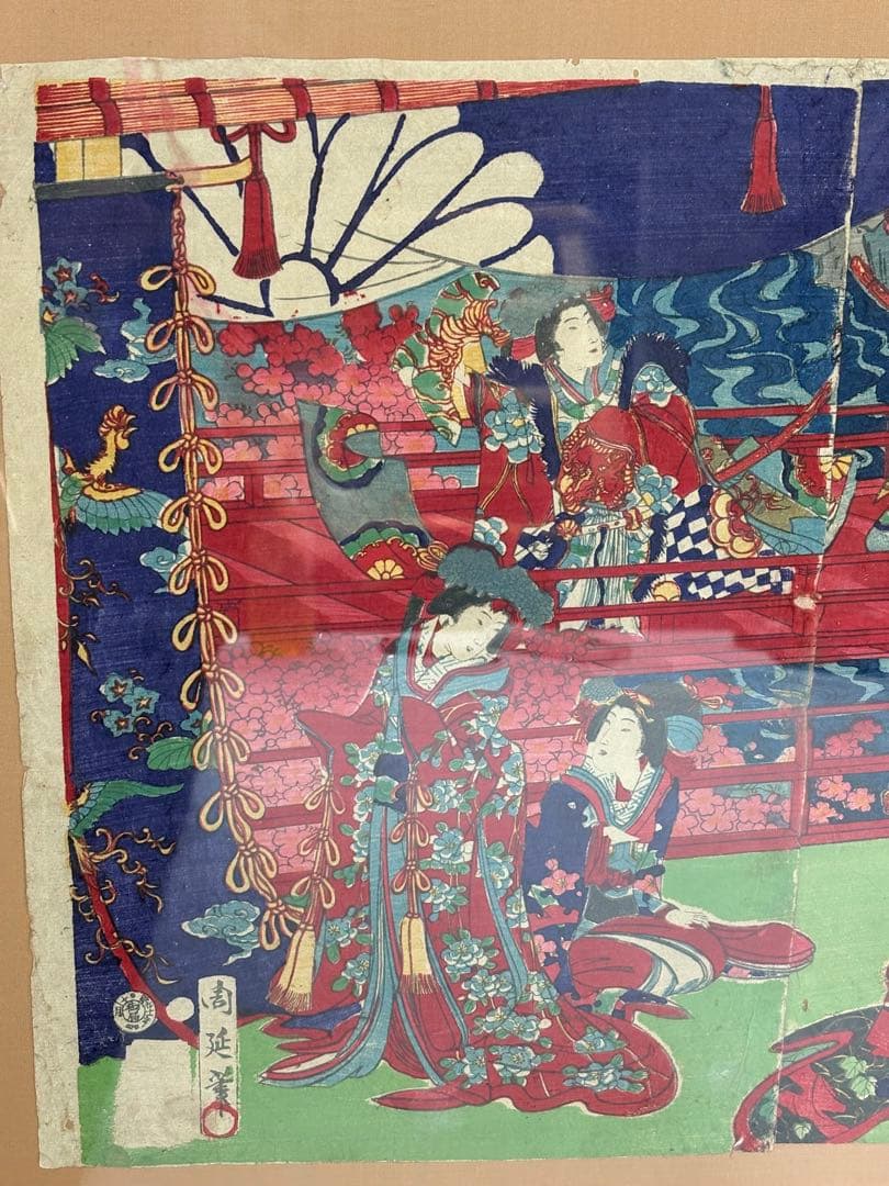 「舞楽之図」 楊洲周延 浮世絵 錦絵 3枚続 額装