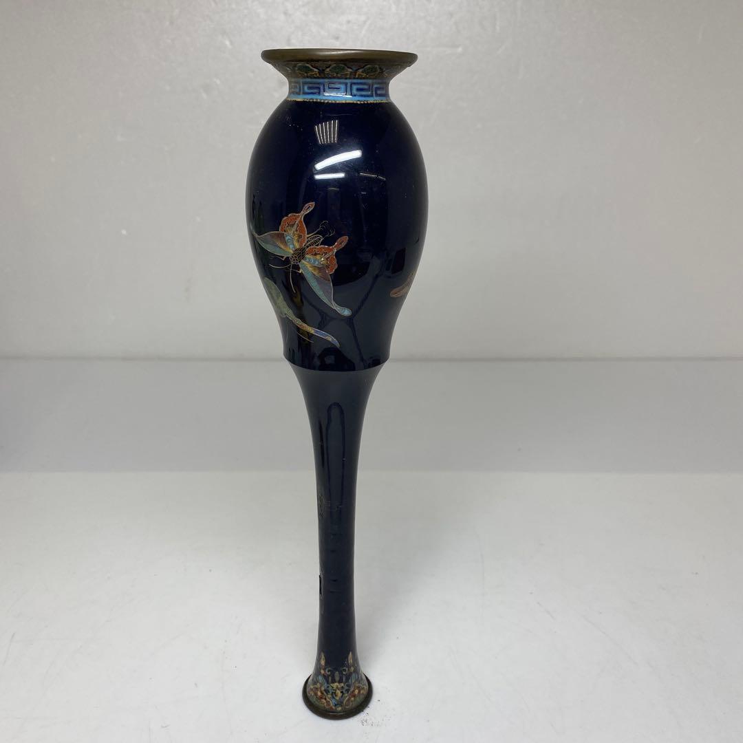 明治期　尾張七宝　最上手　蝶文　花瓶　高さ約24.2㎝　東さ7-0208☆2F