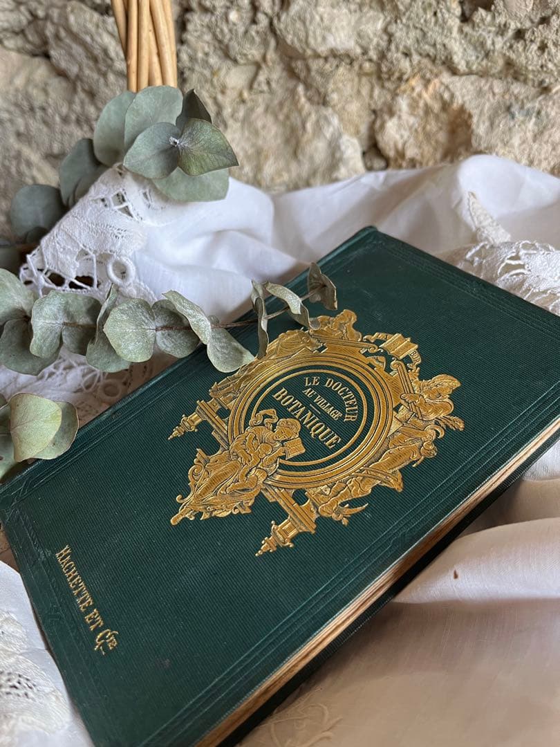 ◆フランスアンティーク｜激レア直筆サイン古書植物草花挿絵19s金彩エンボスハード