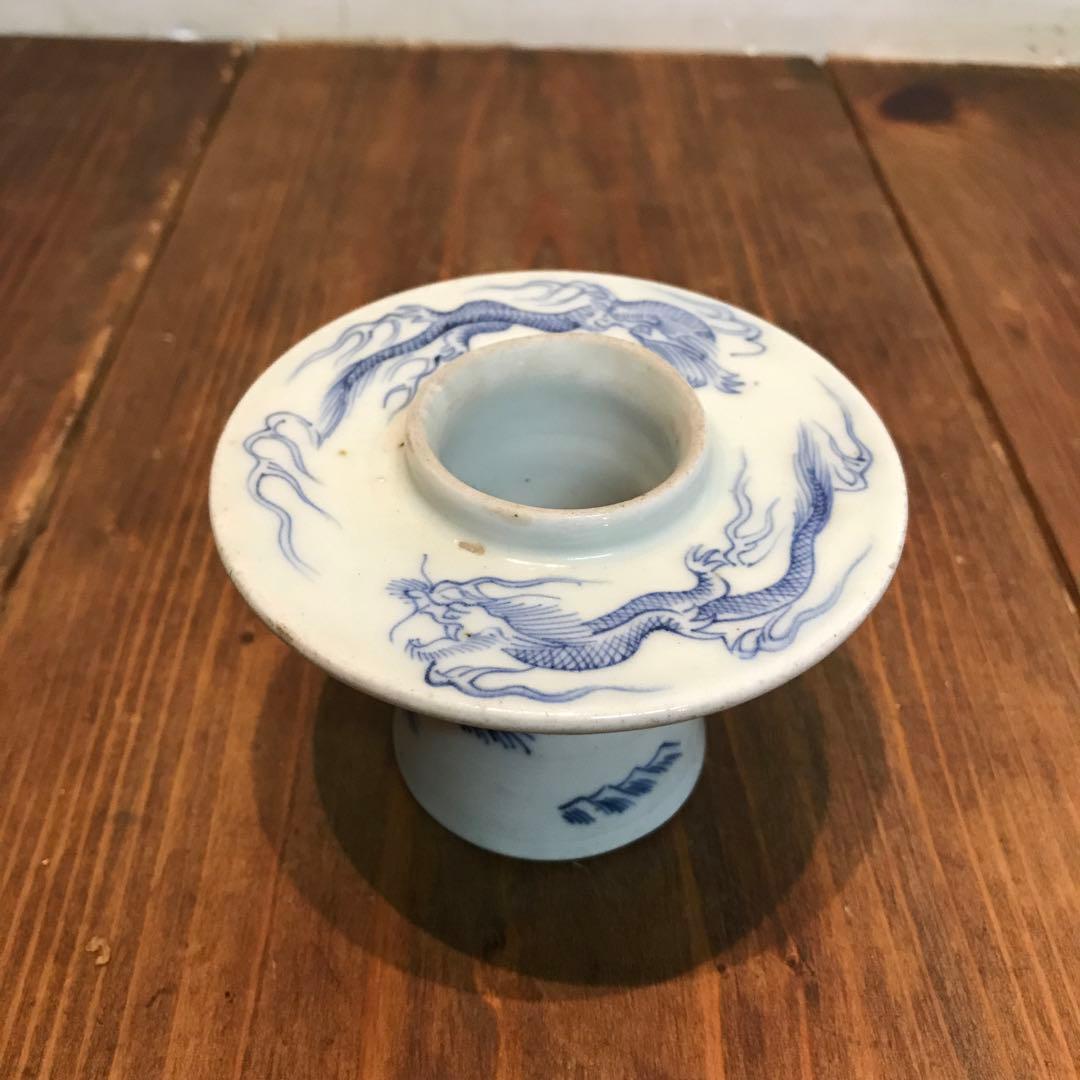 美品　古伊万里　染付　龍　盃台　年代物　焼物　杯台　酒器　迫力ある絵柄