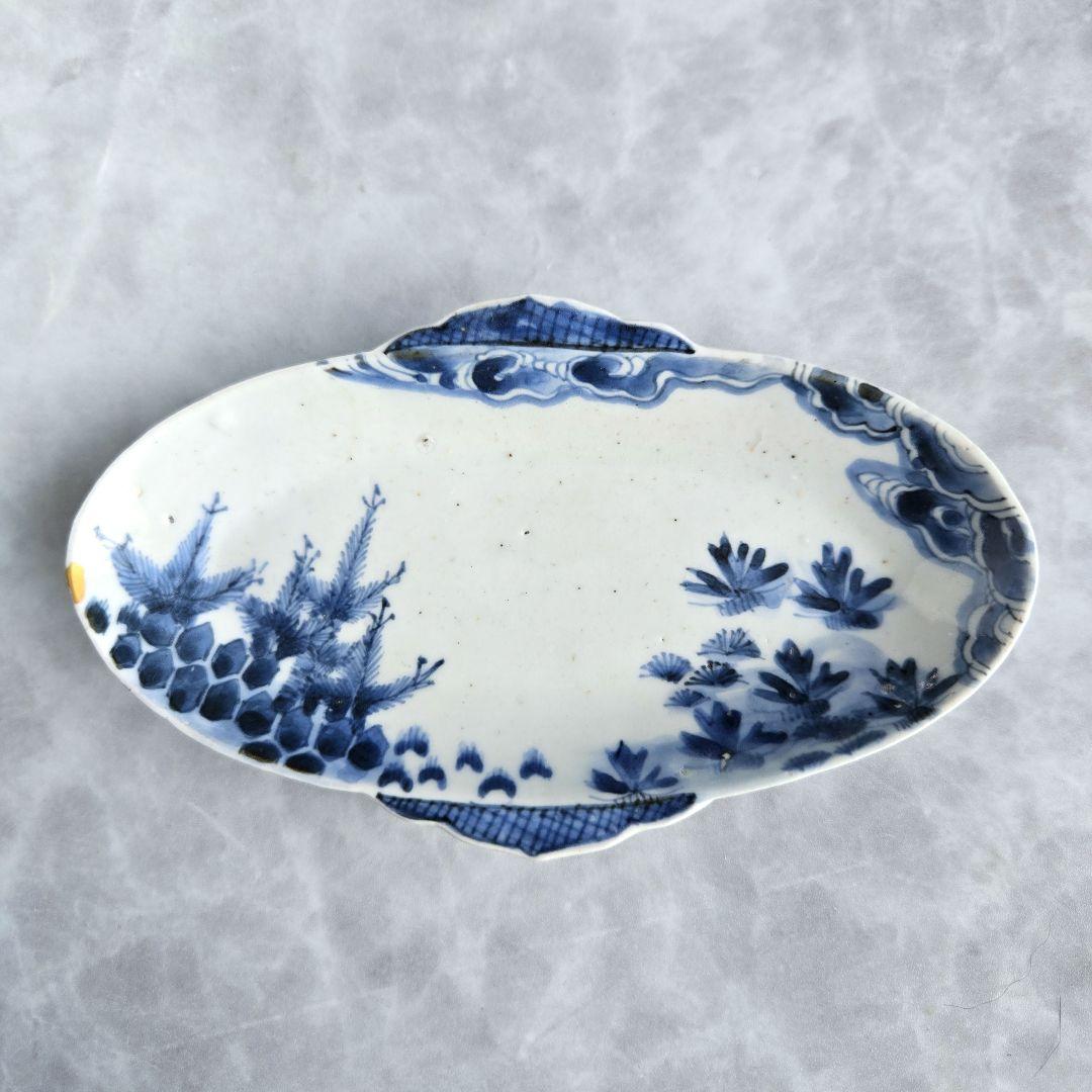 古伊万里　染付変形小皿　江戸時代　染付　骨董　金直し　金継ぎ　アンティーク