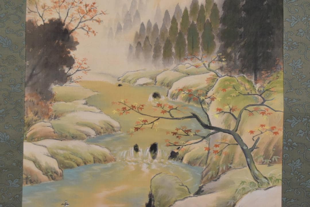 【真作】悦山/秋景山水図/秋山渓水図/掛軸/名家伝来/AA-834