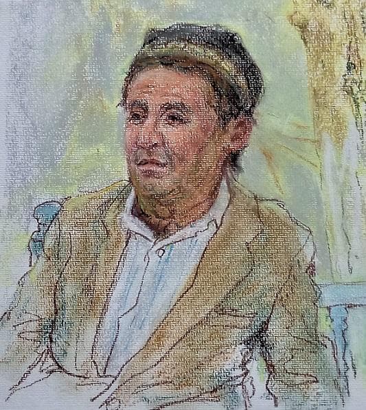 白日会会員　江成一郎　タイトル「チャイハナの老人」　現地で描いたパステル画