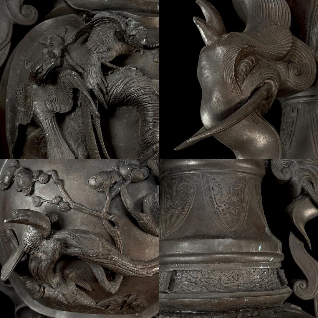 圧巻の名品！ 高岡銅器 古銅象耳花鳥饕餮文特大壺 全高60cm 重量20.6kg