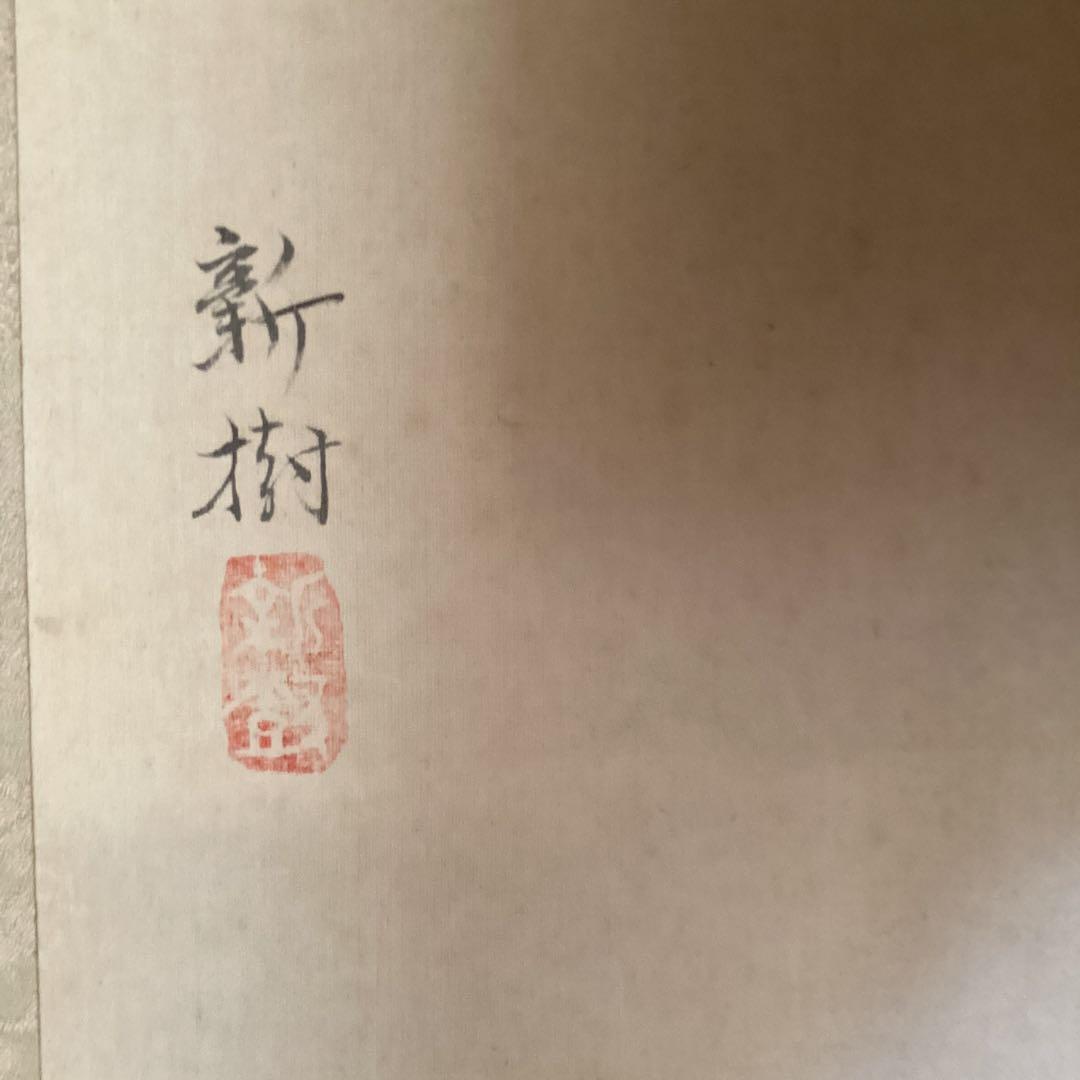 【新　樹　筆】　　絹本彩色画掛軸一幅　【　遊　鯉　図　】　共箱　軸先骨　476