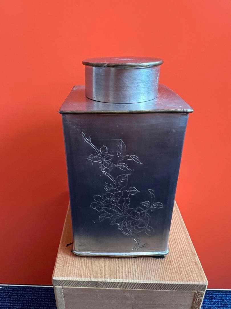 1303 中国　骨董　 道光年製　錫　茶入　花鳥図　時代物
