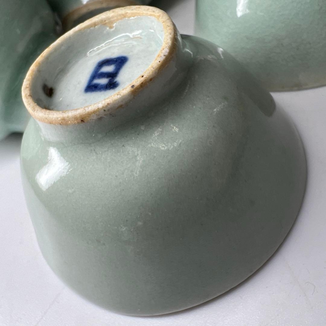 中国清朝時代　青磁煎茶碗5客　木箱付　口径約6.8㎝　東Y8-0203①トヒカ