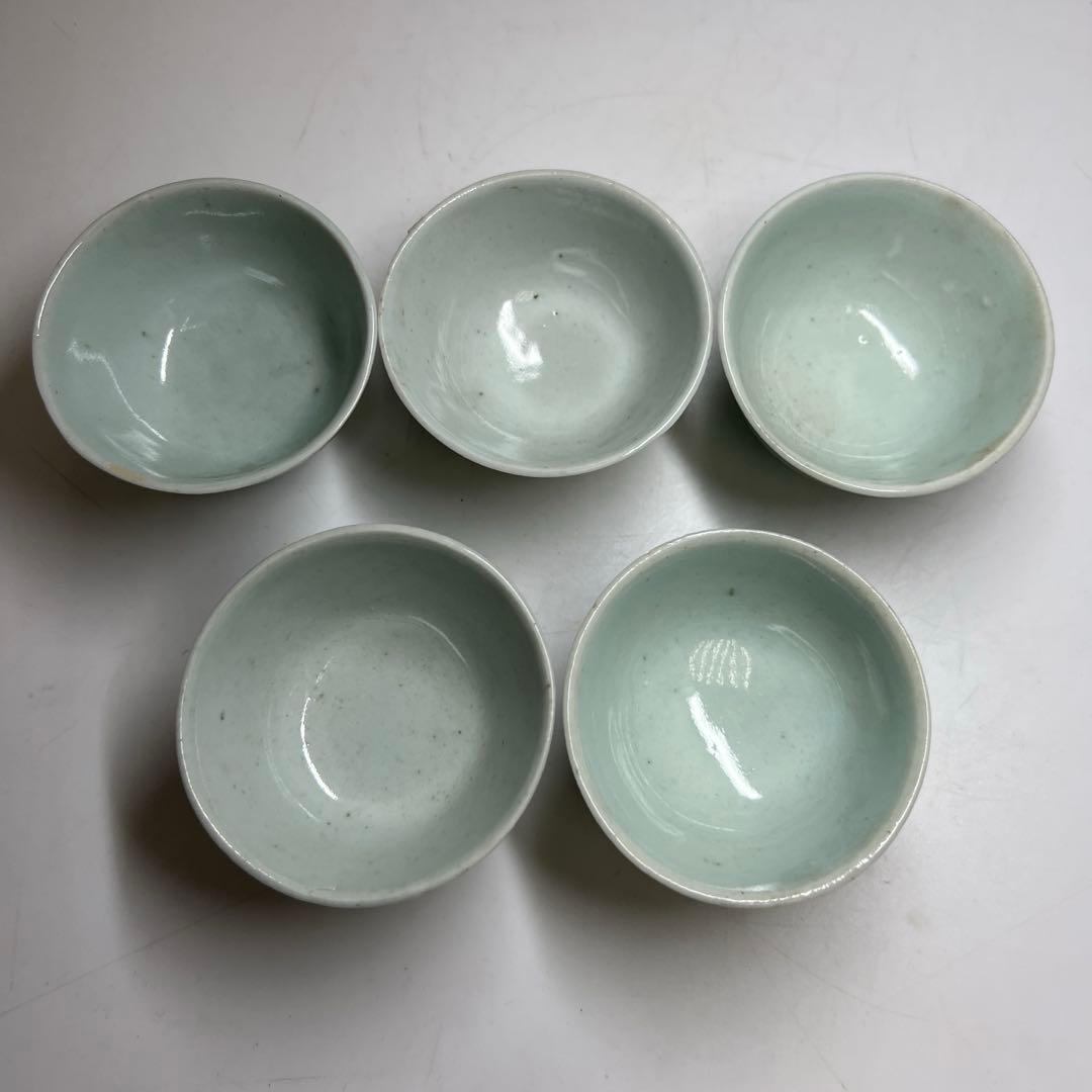 中国清朝時代　青磁煎茶碗5客　木箱付　口径約6.8㎝　東Y8-0203①トヒカ