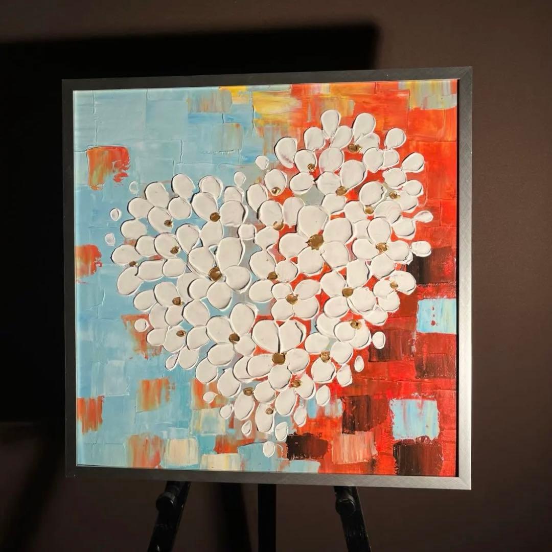 ★立体絵画★ 手書き油絵 ハートフラワー額付き 肉筆絵画 インテリア 油彩画