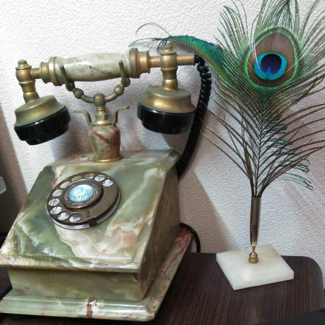 大理石　マーブル　電話機　アンティーク　孔雀の羽　尾羽　飾り羽　ペン立て　天然石