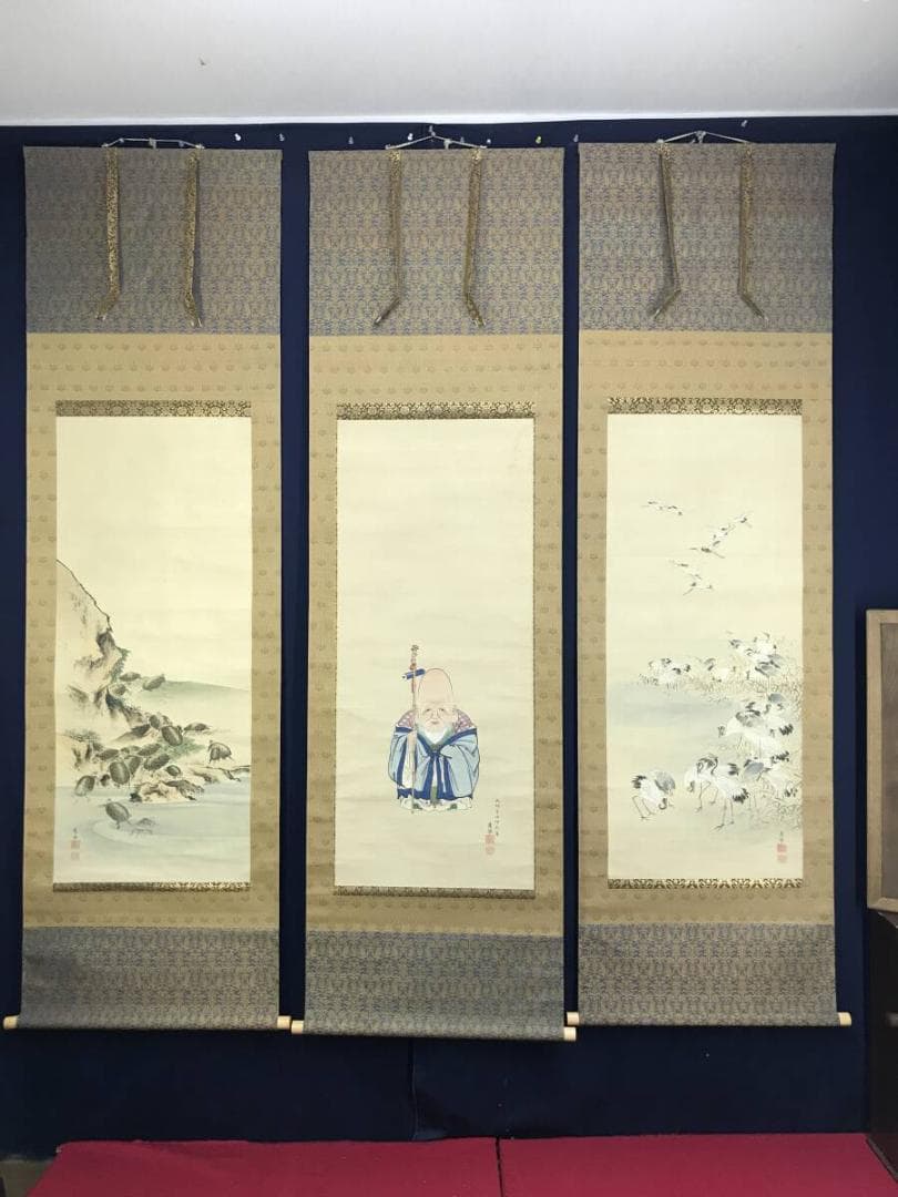 【模写】圓山応挙/円山応挙/寿老人/鶴亀/三幅対/掛軸☆宝船☆AH-641