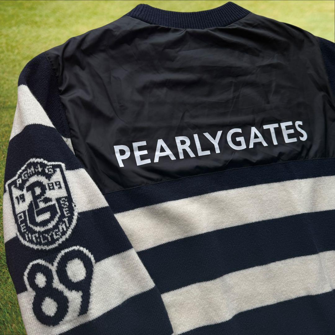 防寒　蓄熱　裏地付き　パーリーゲイツ　ニット　L〜XL相当　紺　白　ボーダー　5