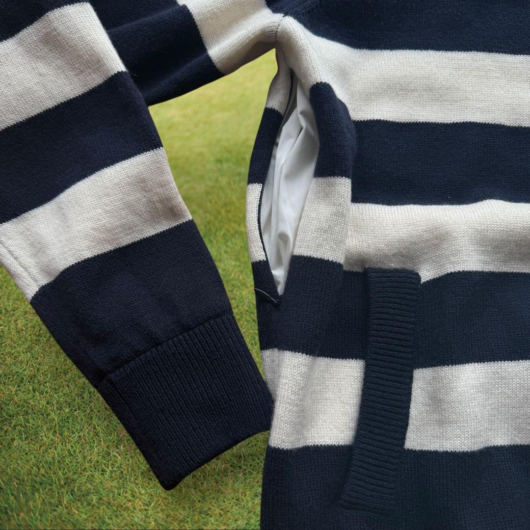 防寒　蓄熱　裏地付き　パーリーゲイツ　ニット　L〜XL相当　紺　白　ボーダー　5