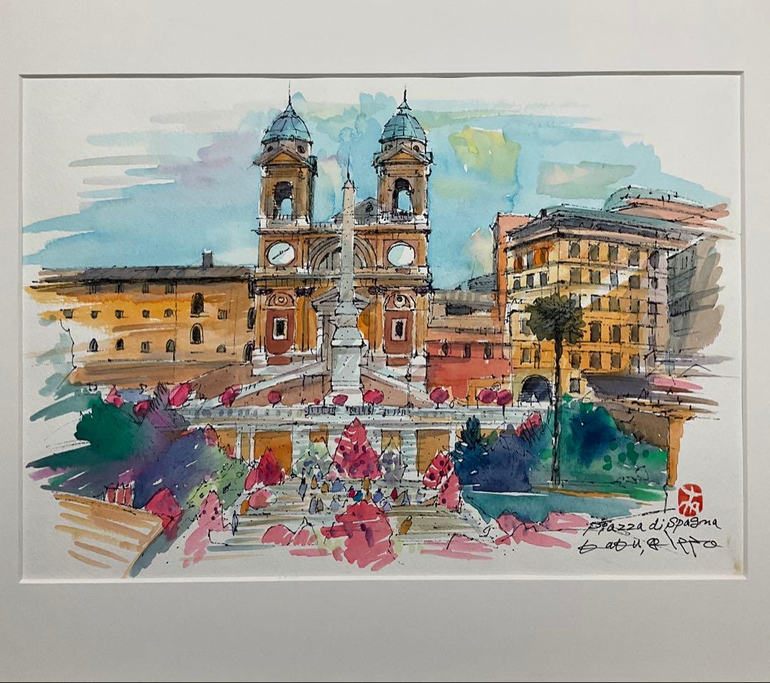 絵画・額縁・水彩画・鶴 十帆・スペイン広場(ローマ)・美術品・インテリア・雑貨