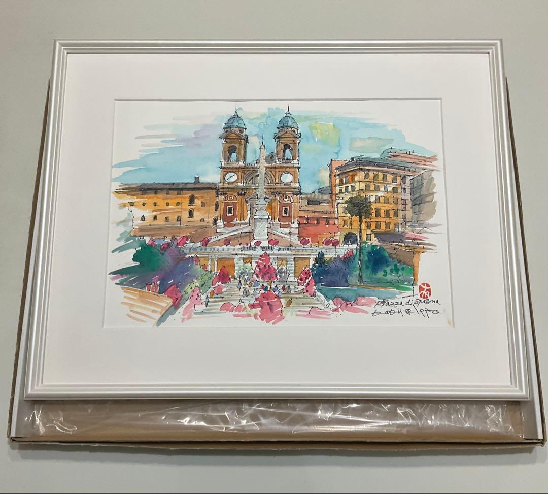 絵画・額縁・水彩画・鶴 十帆・スペイン広場(ローマ)・美術品・インテリア・雑貨