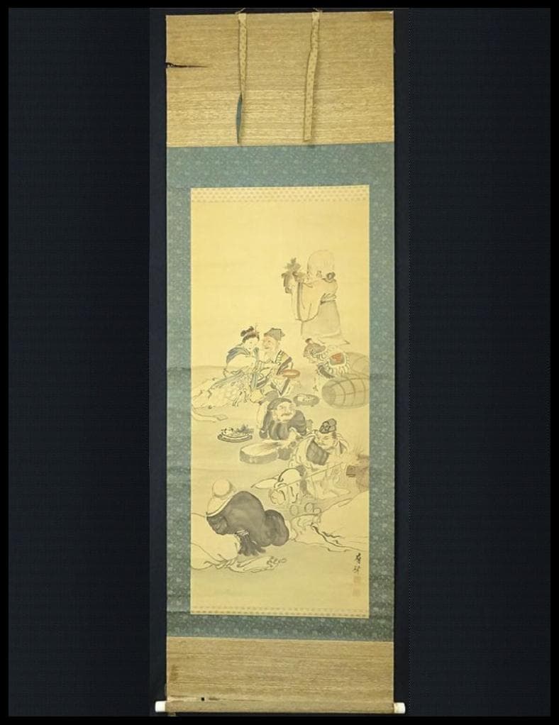 掛軸 有聲『七福神図』日本画 絹本 肉筆 箱付 掛け軸 p12252