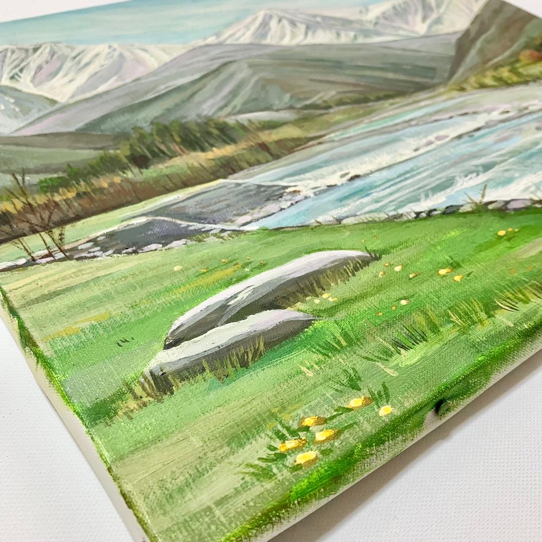 油彩画 :雪解けの春　山と川の風景＊絵画　原画　油絵　風景画　冬