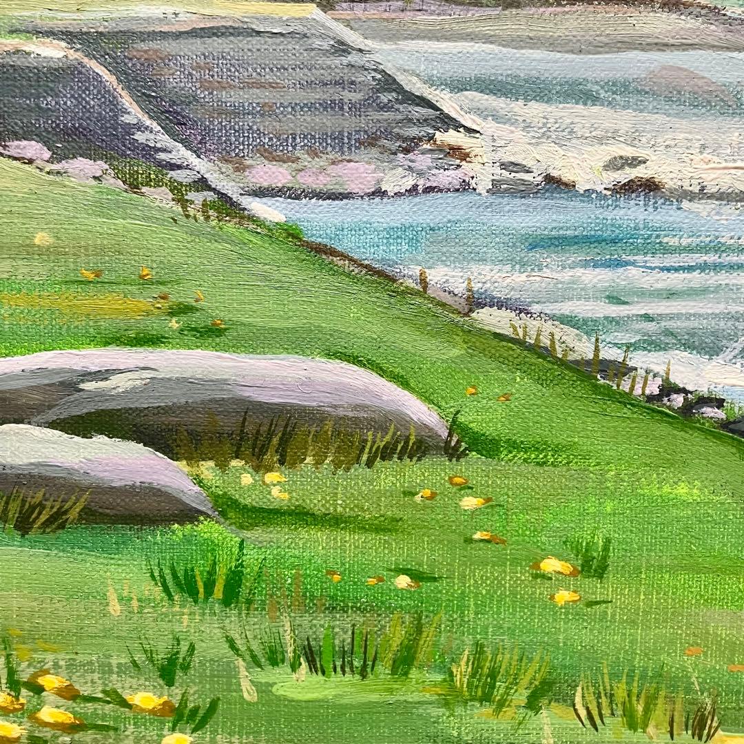 油彩画 :雪解けの春　山と川の風景＊絵画　原画　油絵　風景画　冬