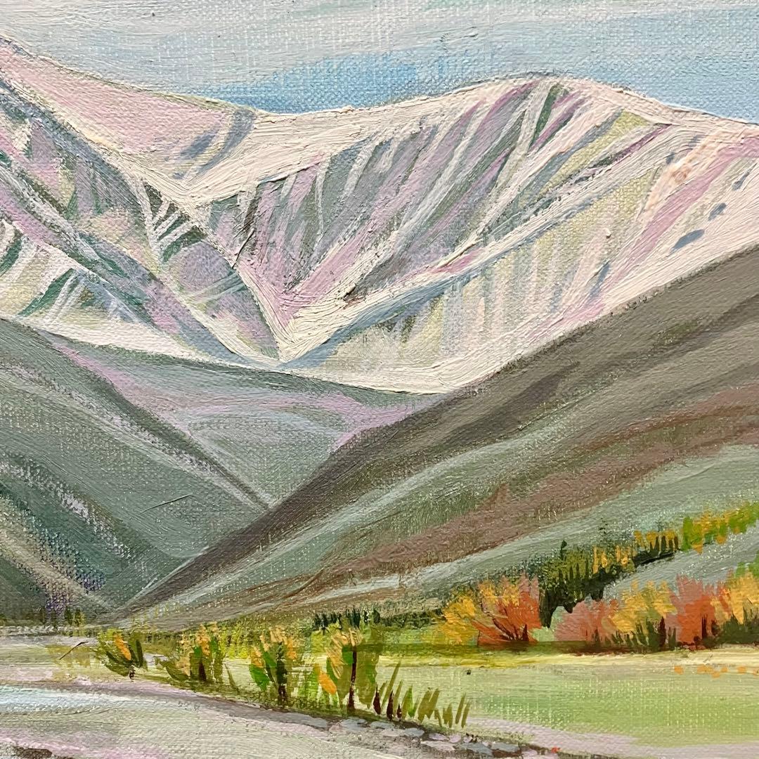 油彩画 :雪解けの春　山と川の風景＊絵画　原画　油絵　風景画　冬